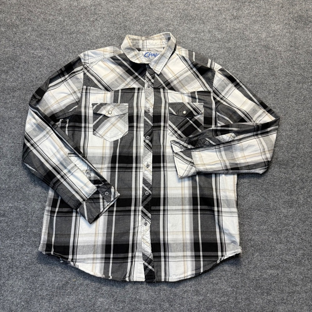 Chalc Western Shirt‎ Mens XL  Black White Plaid Long Sleeve Pockets Button Up